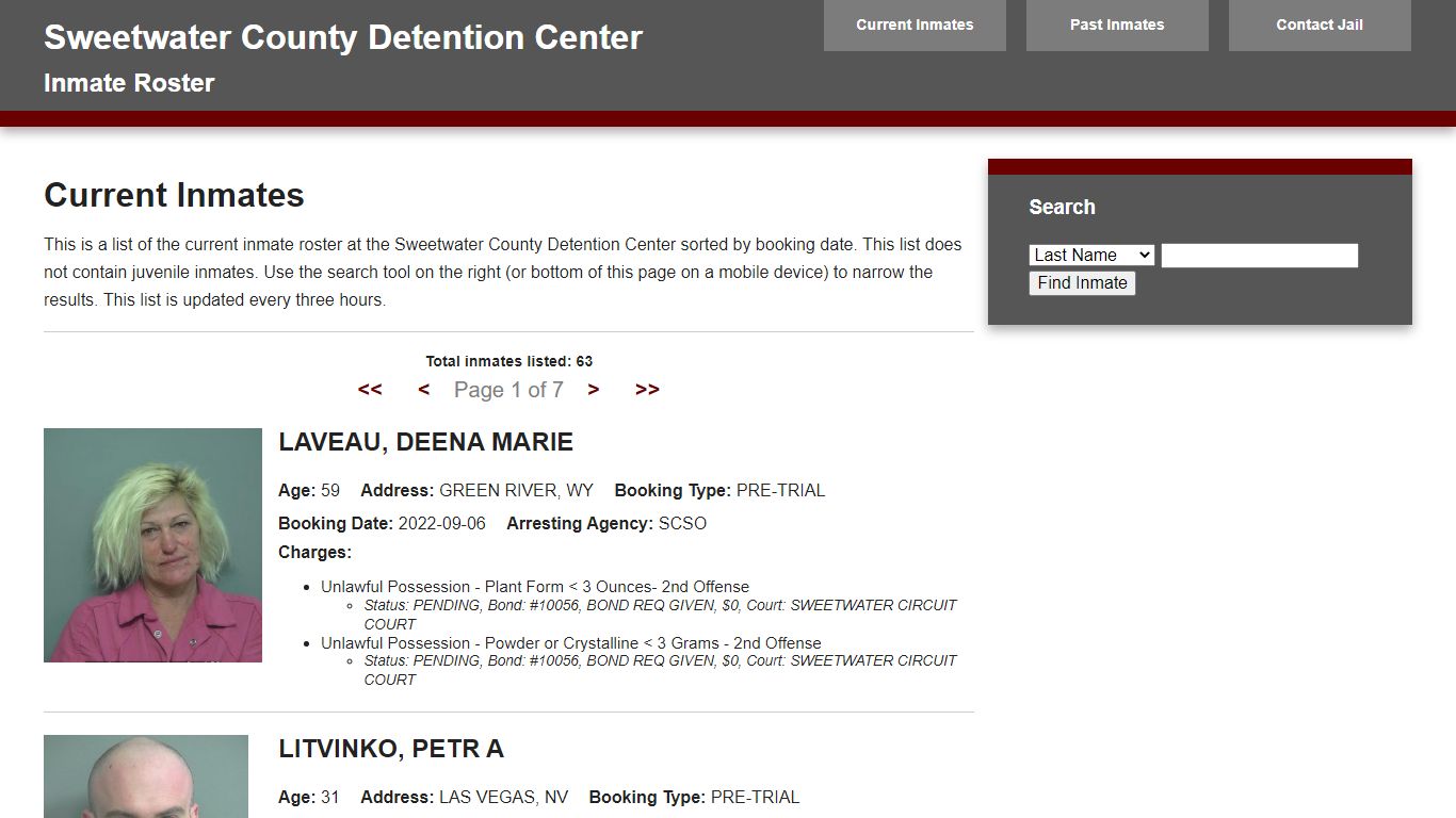 Jail Roster - Sweetwater Combined Communications Joint Powers Board